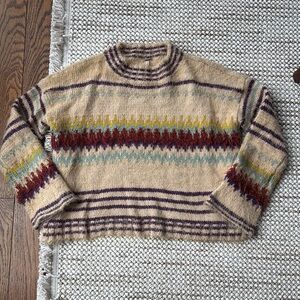 Free People Cream and Red Crew Neck Sweater